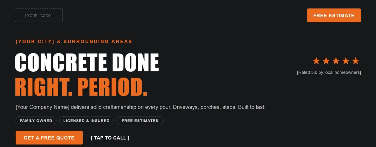 A clean contractor demo site: bold headline, license and insurance badges, five star rating, and a tap to call button.