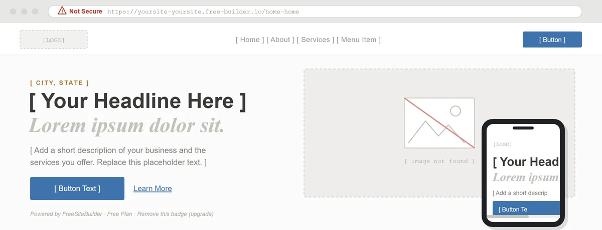 A broken free-builder site: Not Secure warning, placeholder logo, lorem ipsum headline, and a missing image box.