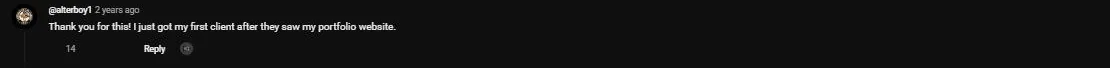 YouTube comment from @alterboy1, 14 likes: just got my first client after they saw my portfolio website