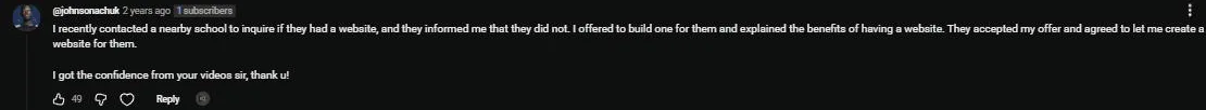YouTube comment from @johnsonachuk, 49 likes: offered to build a nearby school a website, they accepted