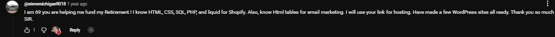 YouTube comment from @stevemichigan9018: I am 69, you are helping me fund my retirement